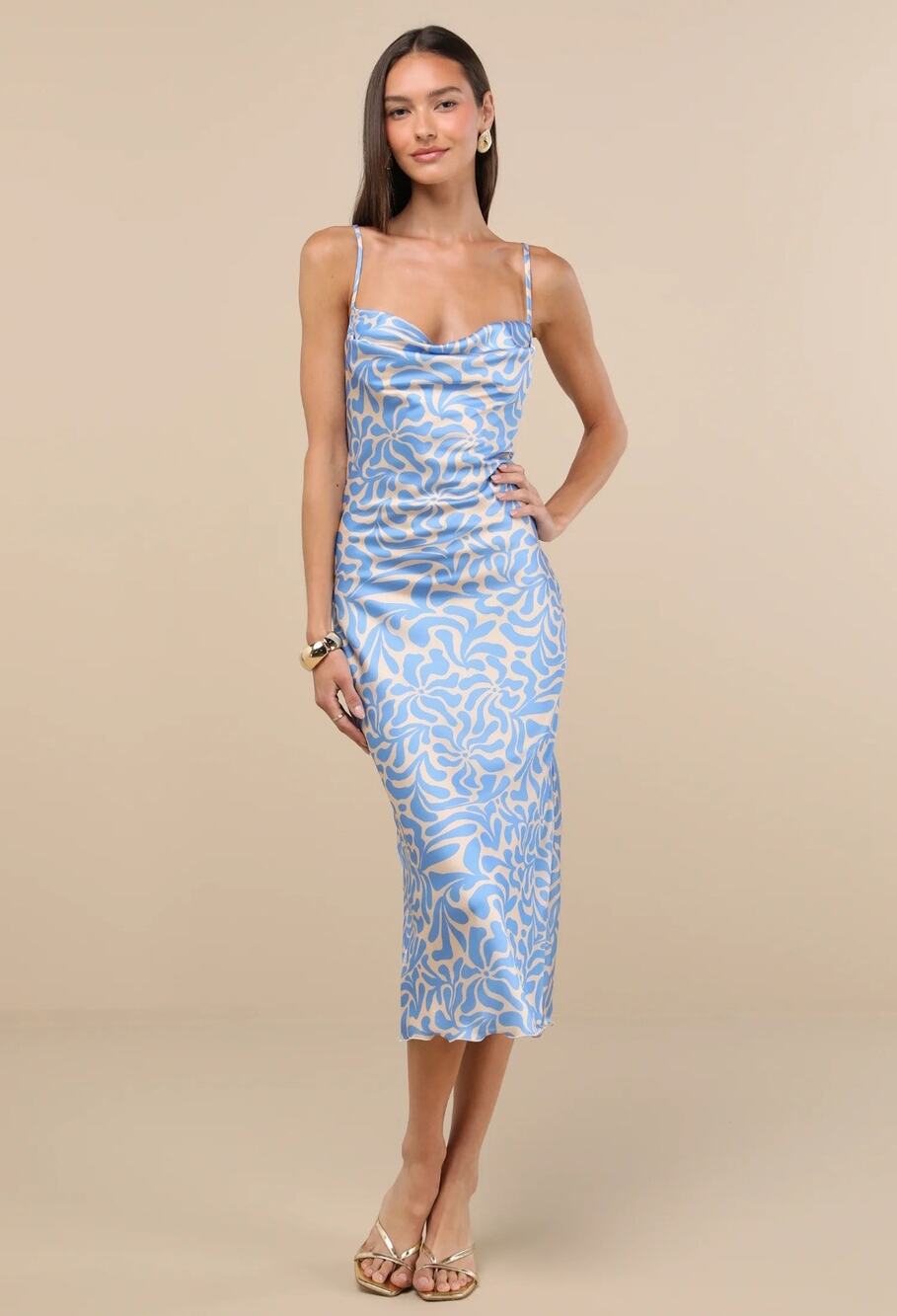 Lulus Midiana Light Blue Abstract Floral Tie Back Satin Midi Dress NWT Medium